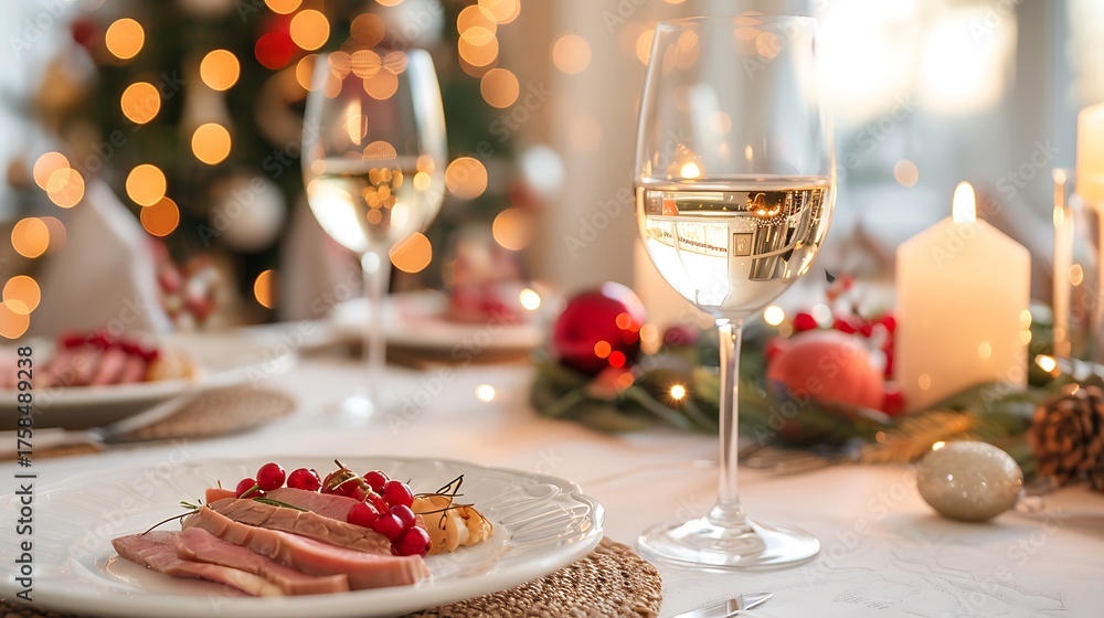 Naklejka premium Festive table setting with wine glasses and food near christmas tree lights