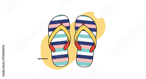 Striped flip flops on a sandy beach with wavy water.