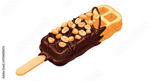 Chocolate dipped waffle on a stick with peanuts.