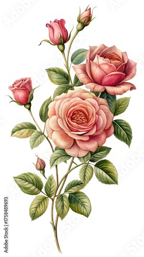 Elegant Watercolor Roses Isolated on White Background, Artistically Rendered with Floral Details