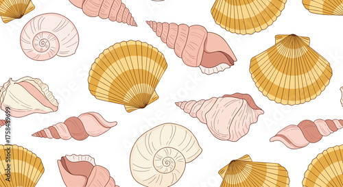 Seamless pattern of various seashells in pastel colors.
