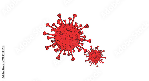 Red virus particles on a white background. Two particles shown one large and one small.