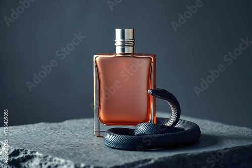 Minimalist editorial shot of “Élixir Noir” — iridescent silver bottle, cold light, and a coiled black snake for dramatic luxury appeal.