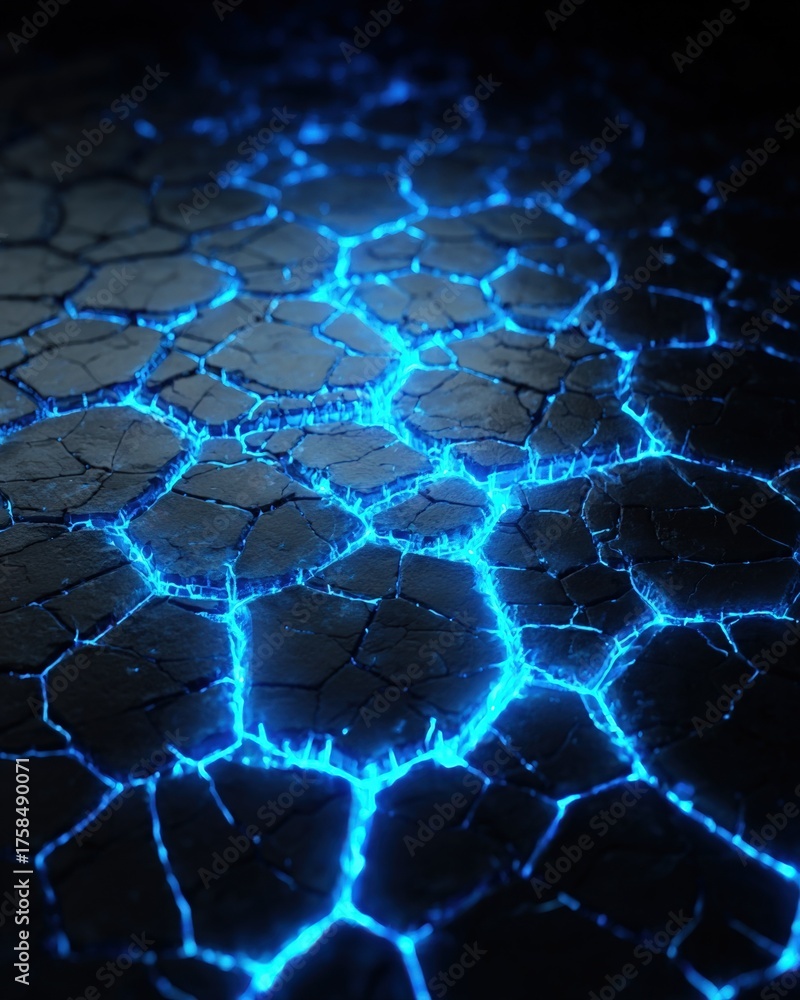 Fototapeta premium Cracked dark ground with glowing neon blue lines illuminating fractures