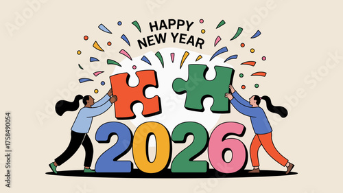 Happy new year 2026 with puzzle pieces and confetti