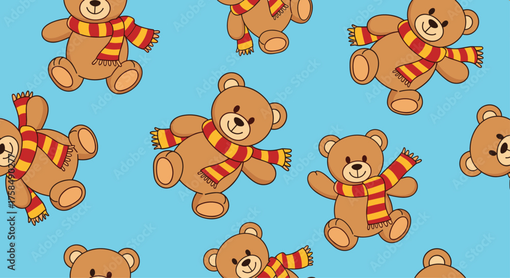 Fototapeta premium A cheerful pattern of playful teddy bears wearing scarves.