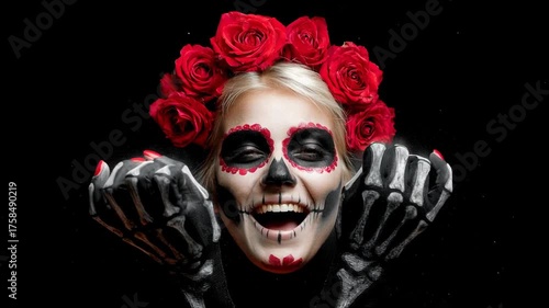 Day of the Dead makeup with red rose crown skeleton gloves