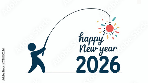 Person fishing for happy new year 2026 with colorful ornament