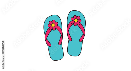 A pair of blue flip flop sandals decorated with pink flowers.