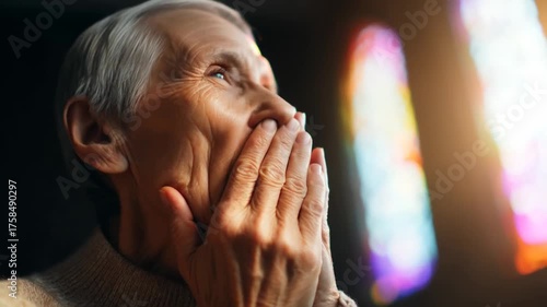 Elderly woman praying in church with stained glass light
