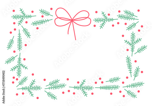 Christmas frame of fir and pine branches with bow