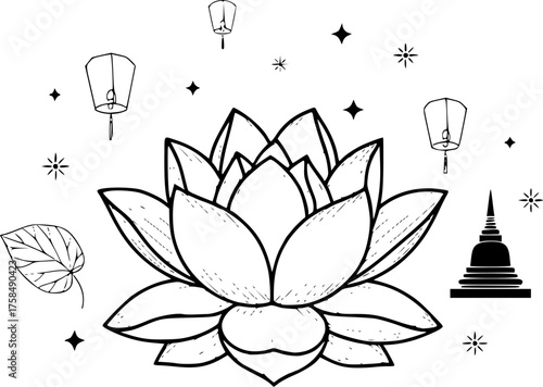 Lotus flower line art style, Vesak day elements vector