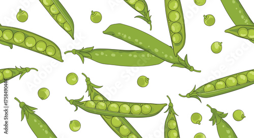 A collection of fresh green pea pods and scattered peas.