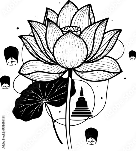 Lotus flower line art style, Vesak day elements vector