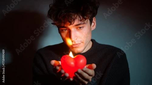Man holding heart-shaped candle with flame in dark setting