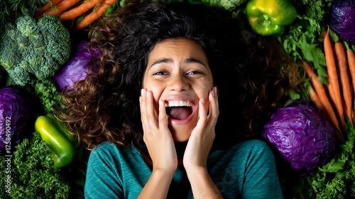 Woman surrounded vegetables with surprised expression