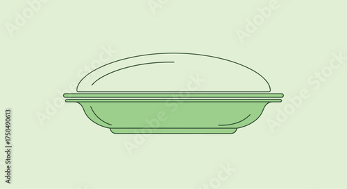 A green pie dish with a curved outline suggesting a pastry lid.