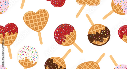 A collection of round and heart shaped waffles on sticks dipped in various toppings and sprinkles.