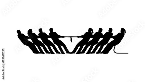 Team pulling rope in tug of war with transparent background