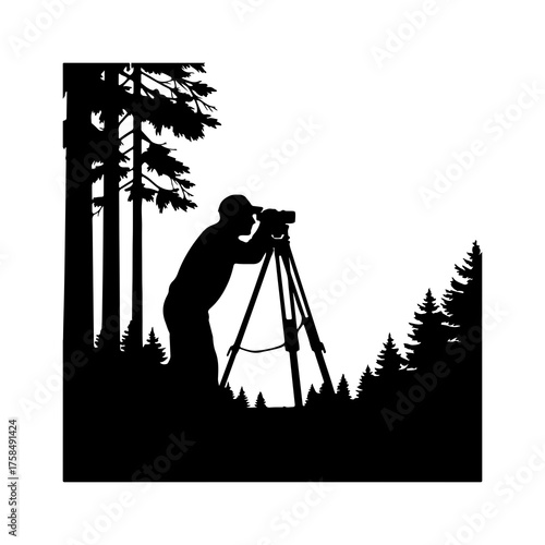 Surveyor working with theodolite in forest