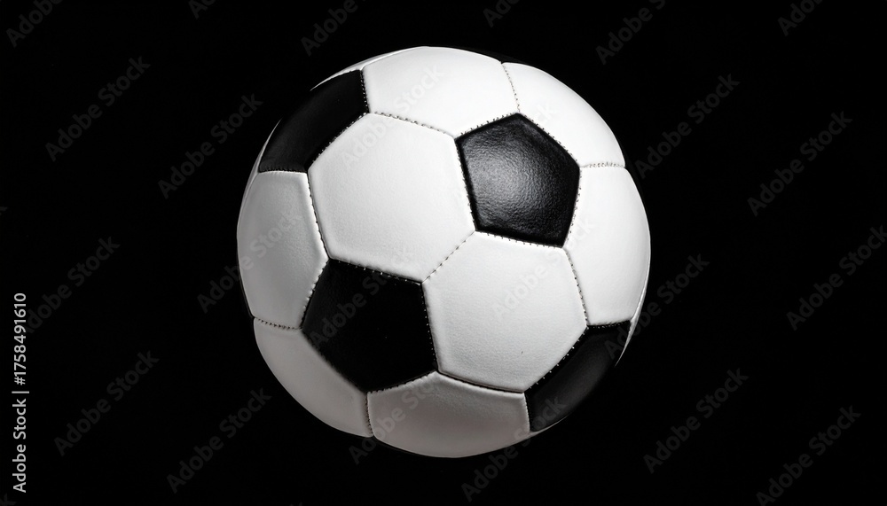 Fototapeta premium Classic black and white soccer ball with pentagon-hexagon pattern, isolated on solid black background