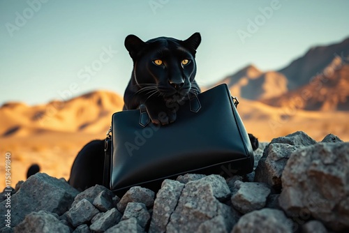Black  handbag showcased on rugged rocks beside a majestic black panther — pure power and refined luxury.
