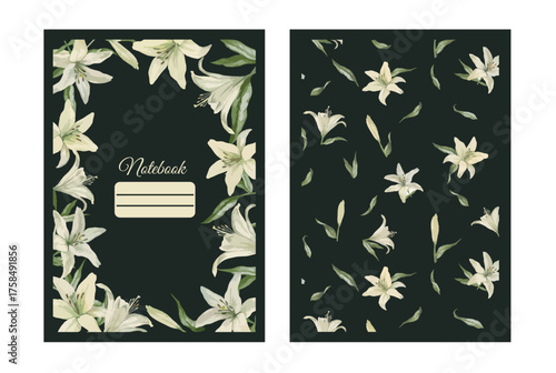 Notebook cover and seamless pattern with a dark green background and frame of white lilies. Elegant vector design for stationery, journals, or copybooks.