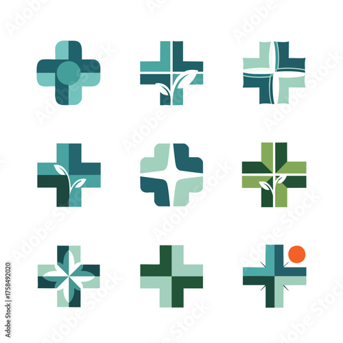 Green and blue medical cross logo icon set for healthcare and pharmacy branding.