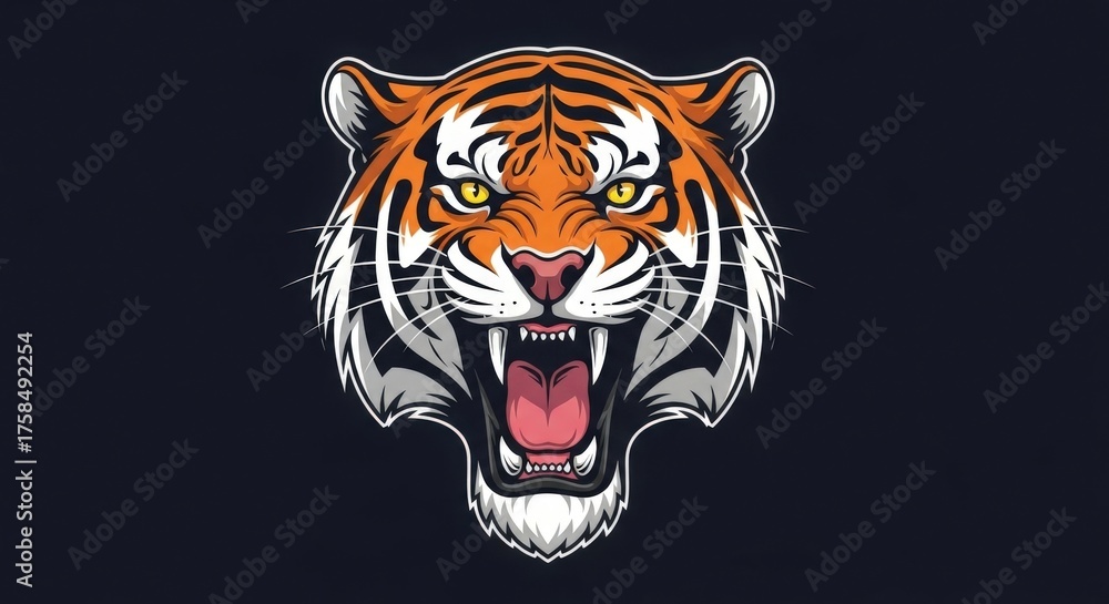Fototapeta premium Fierce Roaring Tiger Head Illustration with Bold Expression on Dark Background 