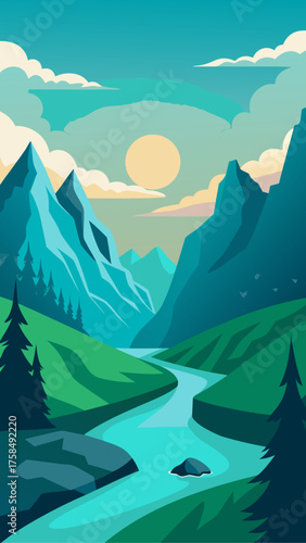 Illustration of mountains river and sky landscape