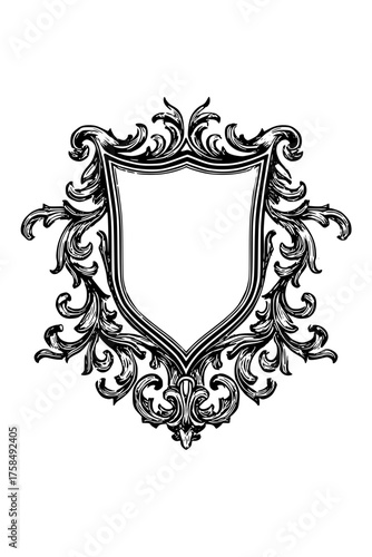 Elegant vintage shield emblem with ornate flourishes, perfect for logo design, branding, heraldry, or family crests, adding a touch of classic sophistication