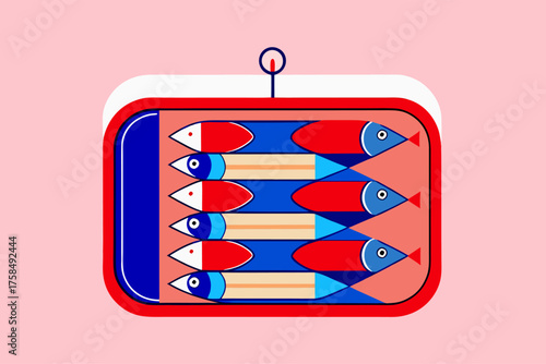 Modern Minimalist Sardine Can Illustration with Geometric Fish Pattern