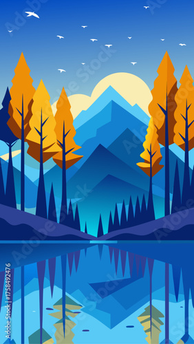 Landscape with mountains trees and water reflection