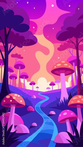 Illustration of a fantasy landscape with mushrooms