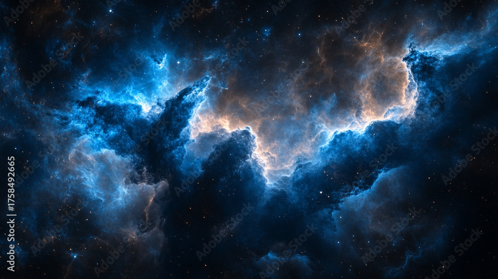Fototapeta premium Cinematic cosmic background featuring blue glowing stars, stardust, and nebula dust symbolizing universe, exploration, space travel, and celestial beauty