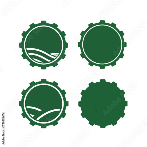 Set of four green gear icons with agricultural field symbols for farming and industry.