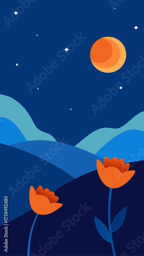 Illustration of flowers under a moonlit starry sky