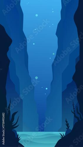 Illustration of a deep blue underwater canyon view