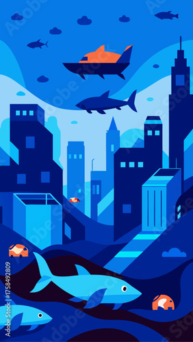 Sharks and flying vehicles over a blue city scape