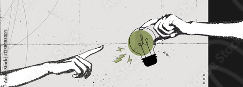 Trendy Halftone Stipple effect Two Hands with lightbulb. Creative mind or brainstorm. Create creative idea concept. Business solutions. Think outside the box. Teamwork time. Vector illustration art