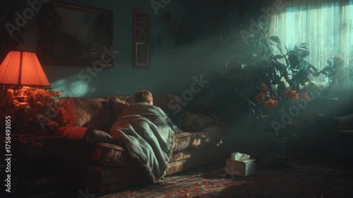 Cozy Living Room Scene with Soft Lighting, Vintage Decor, Green Plants, and Warm Textiles for Relaxation and Comfort in a Home Environment
