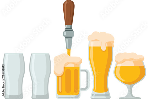Beer tap pouring frothy lager into a mug and glasses