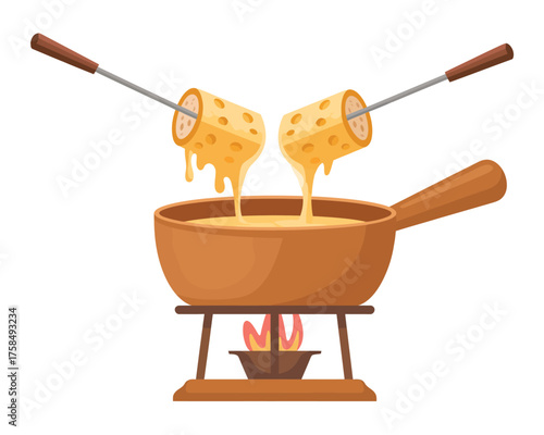Delicious cheese fondue melting in a pot with dipping forks