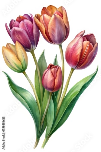 Wallpaper Mural Watercolor painting of a beautiful bouquet of colorful tulips on white background Torontodigital.ca