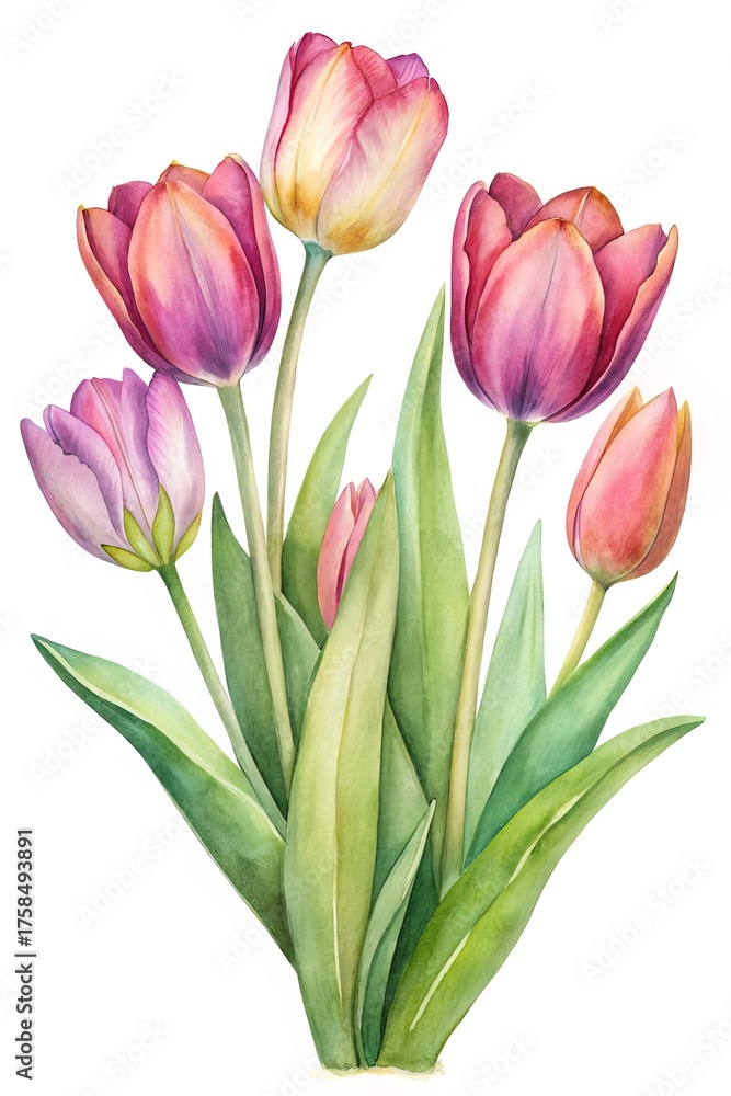 Fototapeta premium Beautiful watercolor painting of vibrant tulips in shades of pink and purple