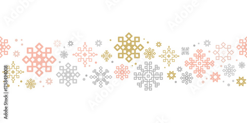Abstract snowflake seamless border pattern in pastel colors. Snowflakes seamless texture backdrop For winter holidays designs, packaging, prints,web banners, abels,winter branding. Vector illustration