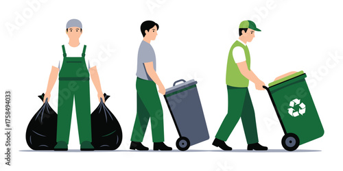 Sanitation workers collecting trash and recycling with bins and bags
