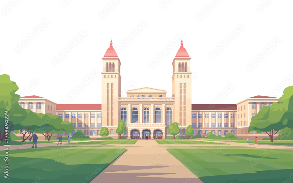 Fototapeta premium Grand university building with twin towers and manicured lawns