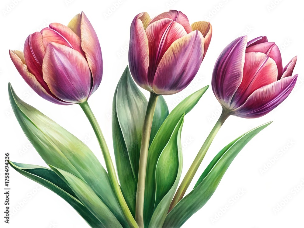 Naklejka premium Elegant watercolor painting of three tulip flowers with long green leaves
