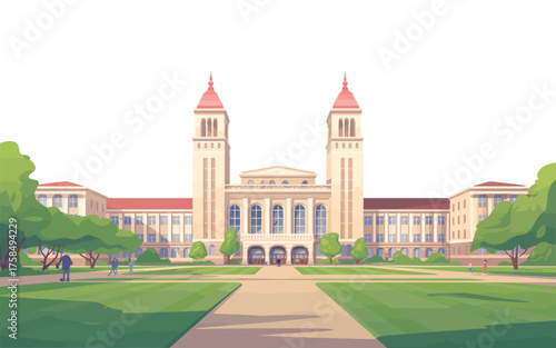 Grand university building with twin towers and manicured lawns